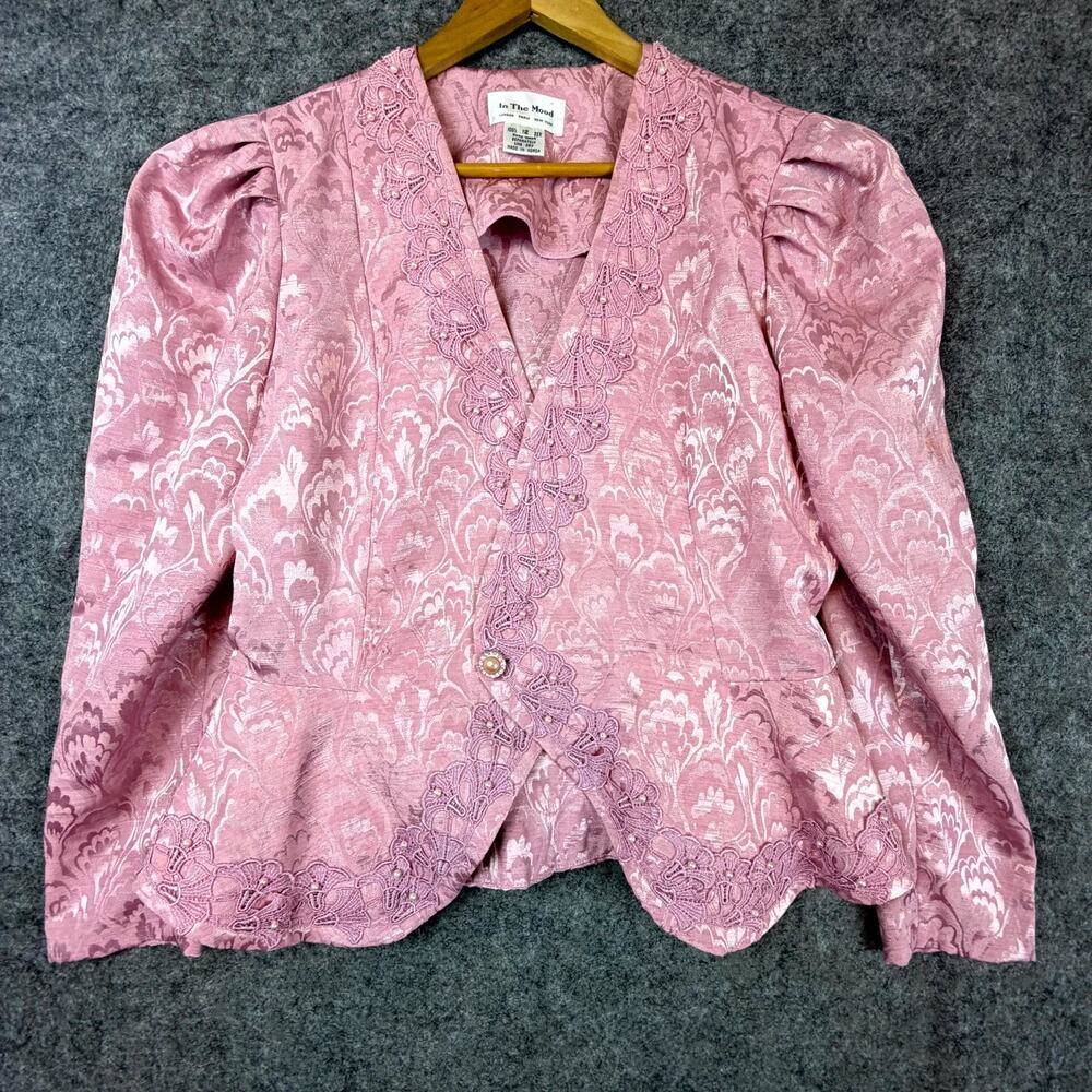 Vintage In The Mood Blazer Jacket Womens 12‎ Pink 80s Jacquard Lacey Victorian